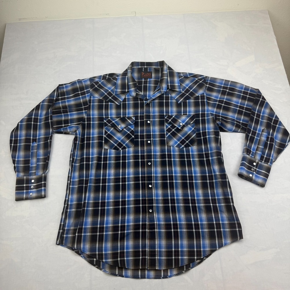 Plains Western Wear Shirt Mens Large Multi Plaid Double Chest Pockets Pearl Snap